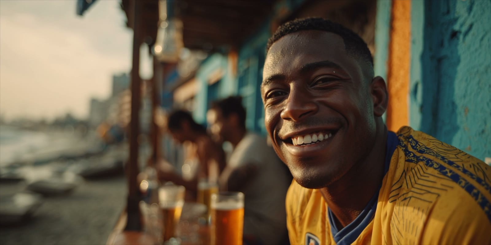 A smiling man in a yellow jersey at a turquoise beach bar