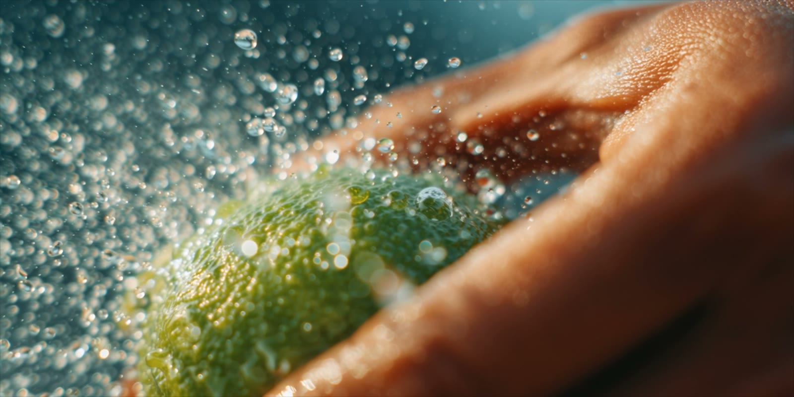 A lime bursting through frozen water droplets