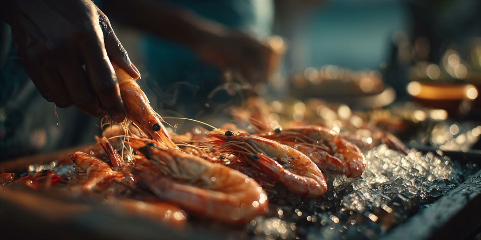 Hands lifting steaming langoustines off ice
