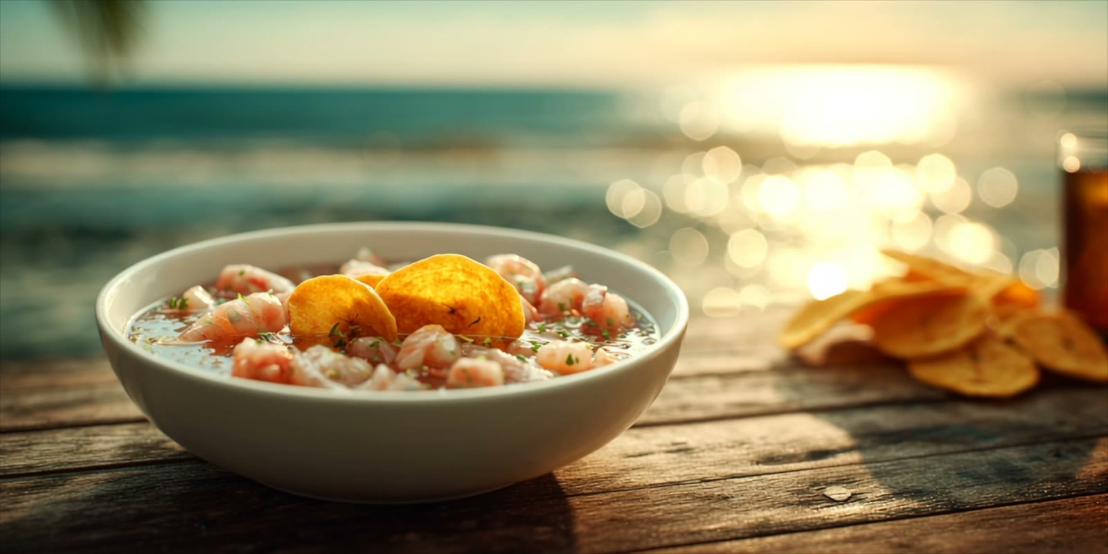 Ceviche bowl with plantain chips against ocean sunset