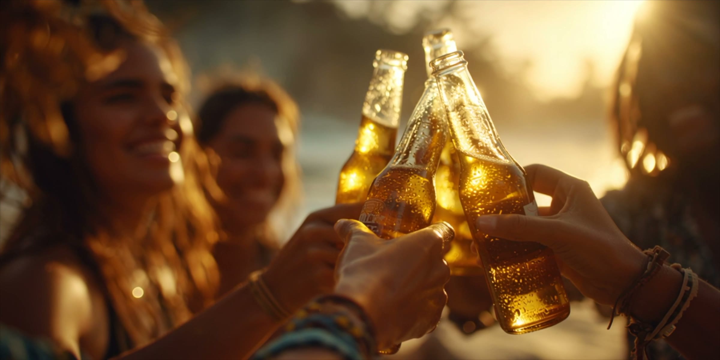 Beer bottles clink against a low golden sun on the beach