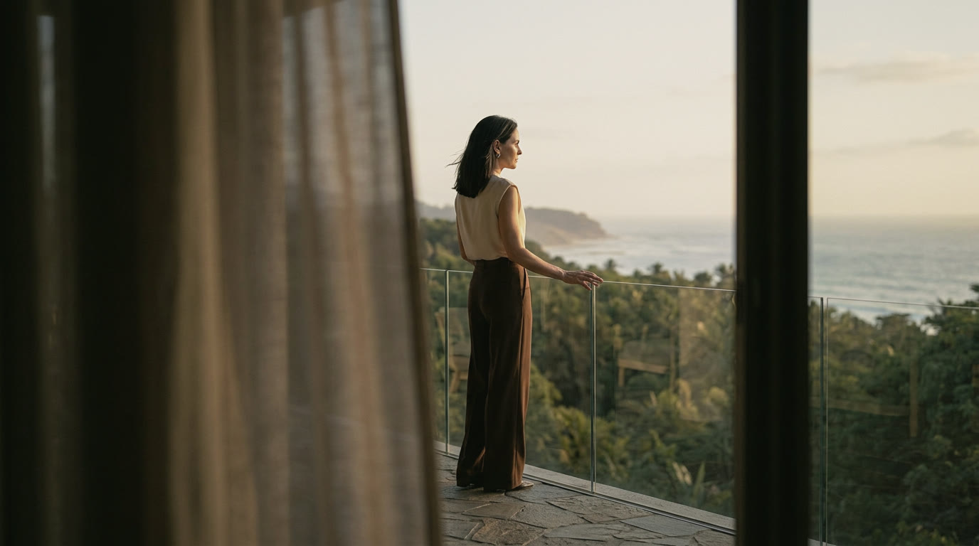 A woman at a glass rail over jungle coastline, sheer curtains