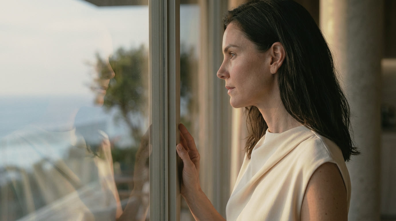 A woman's profile reflected against the sea in floor-to-ceiling glass