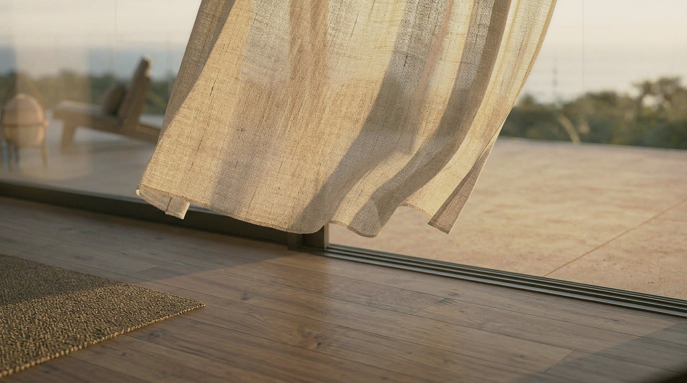 Sheer linen curtain lifting in the breeze across a glass door