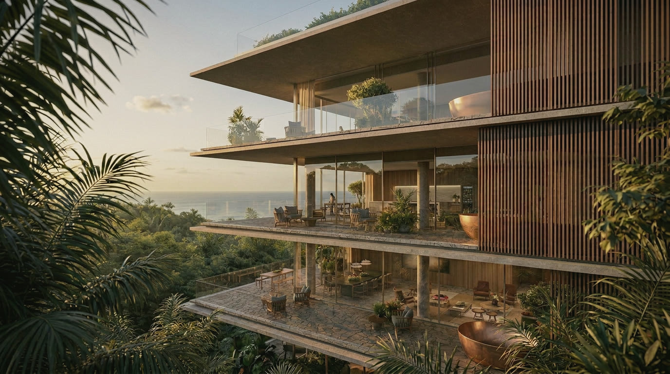 A timber and glass residence emerging from jungle at golden hour
