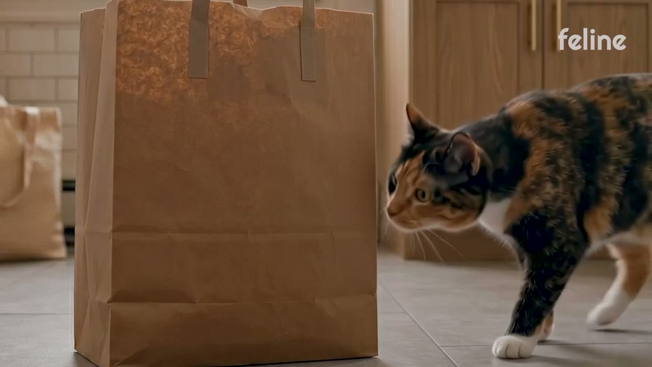 A calico cat investigates a paper bag in the kitchen