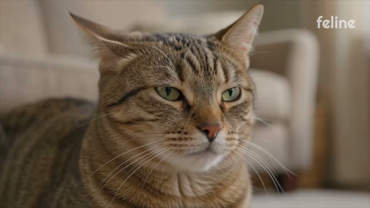 A tabby cat resting on a rug in a warm living room