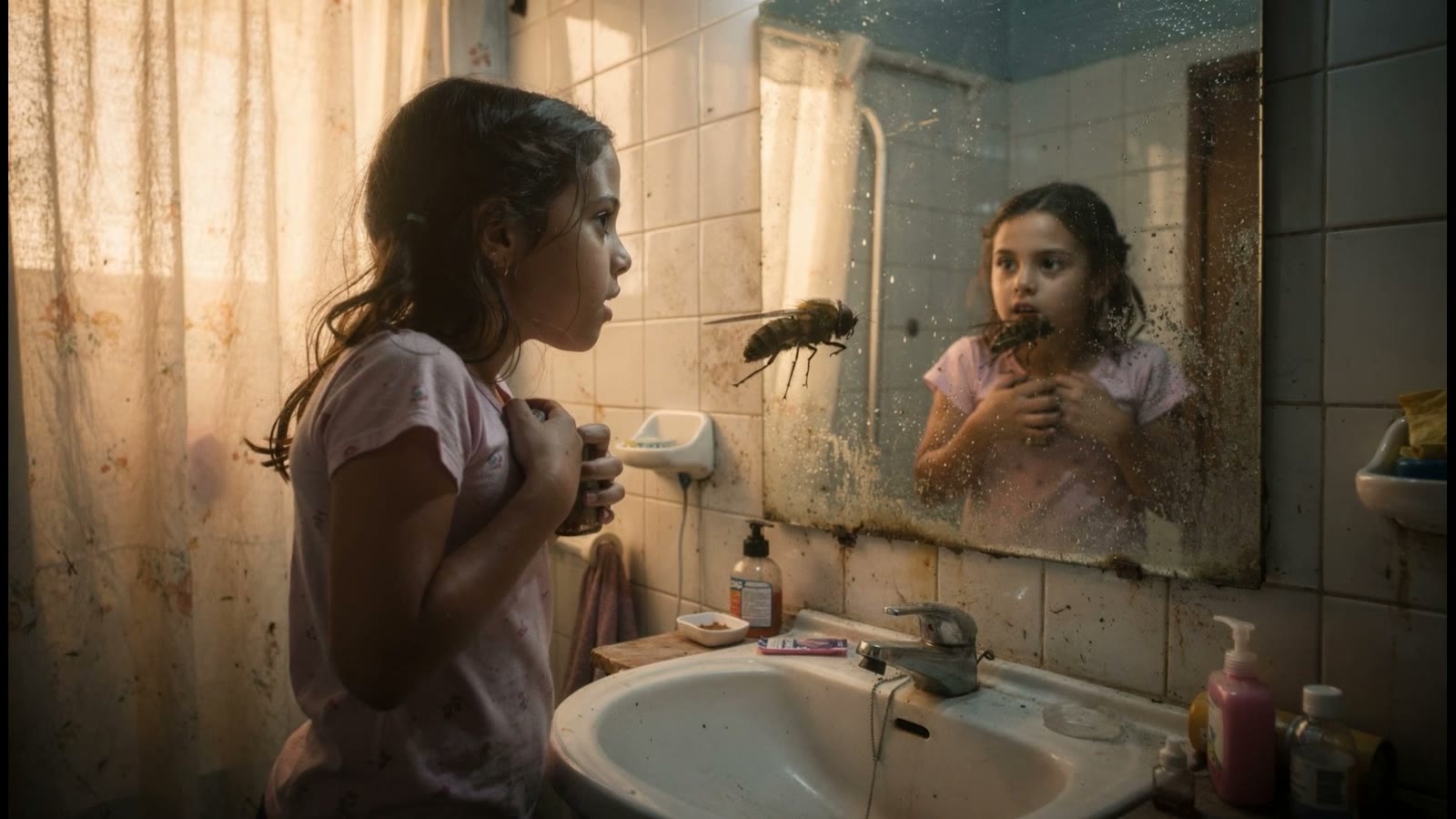 A girl at a bathroom mirror, eye to eye with the fly