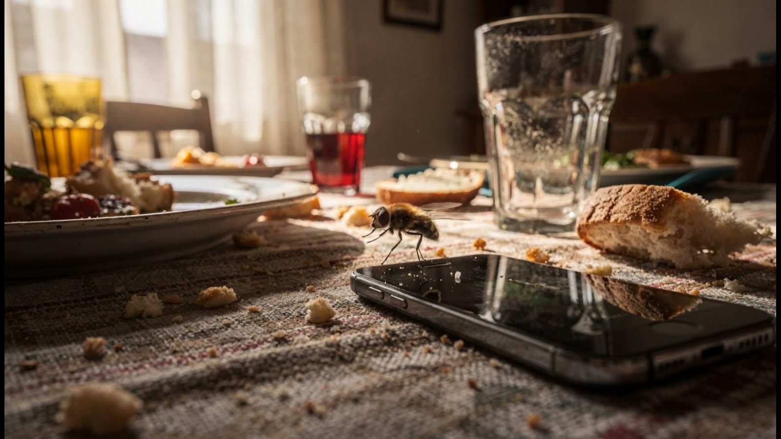 The fly perched on a smartphone amid a ruined lunch table