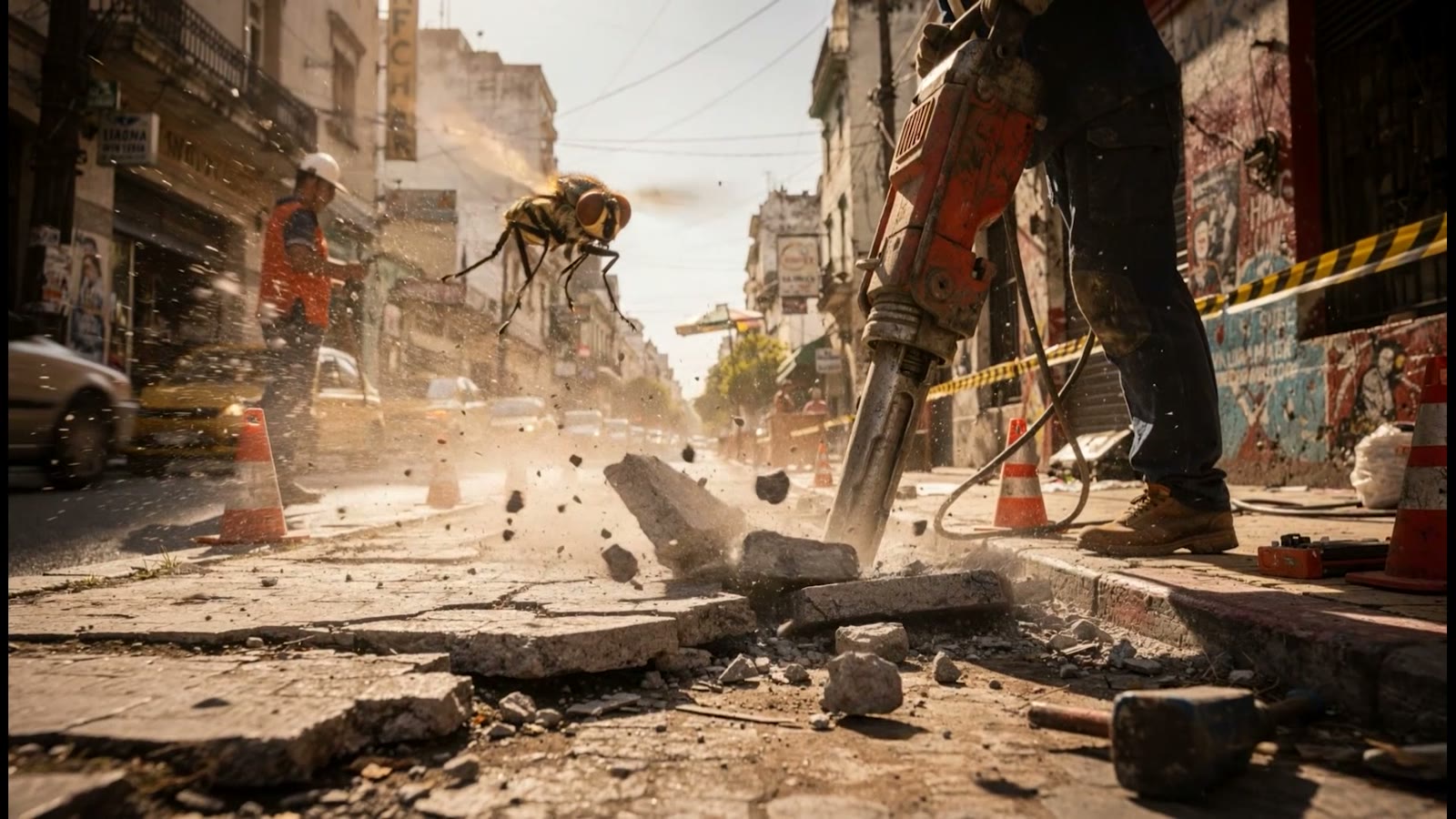 The fly rockets past a jackhammer on a dusty street