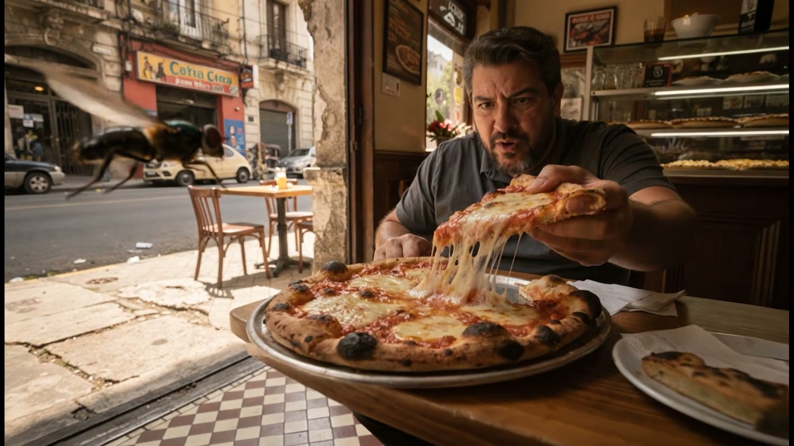 A man mid cheese-pull at a corner pizzeria