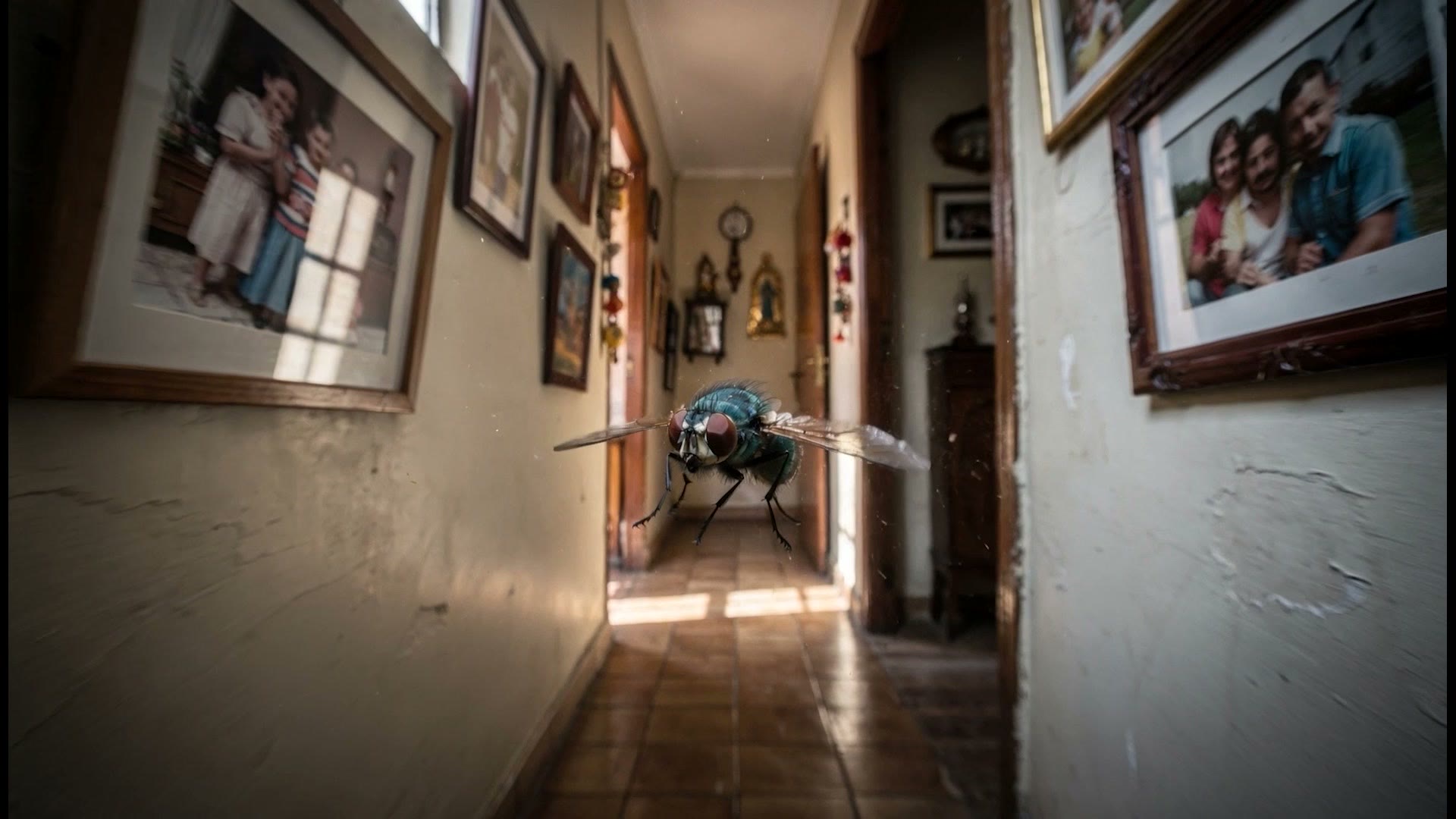 A fly hovers mid-flight in a photo-lined Buenos Aires hallway