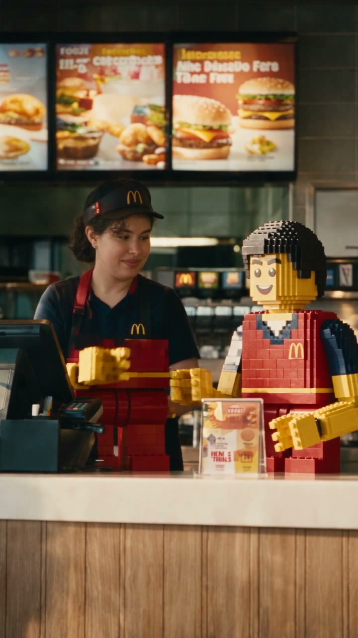 A LEGO crew member serves at the counter beside a real employee