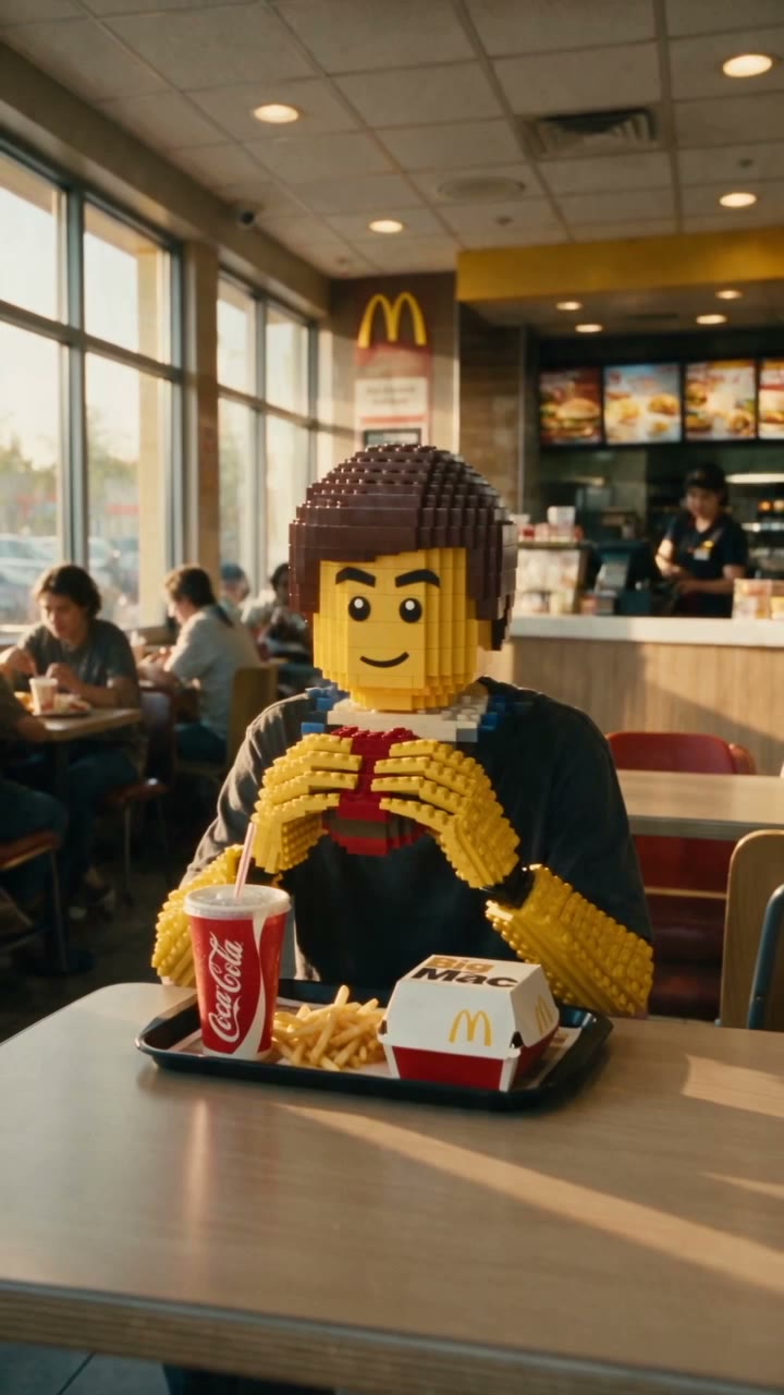 A diner rebuilt in LEGO bricks eats a burger at a sunlit McDonald's table