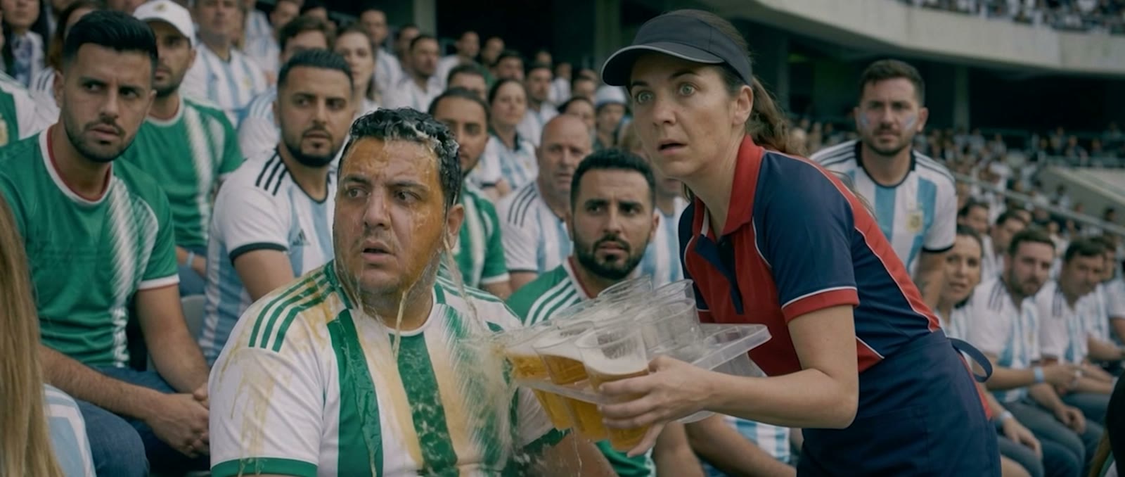 A fan drenched in beer under silent judgment