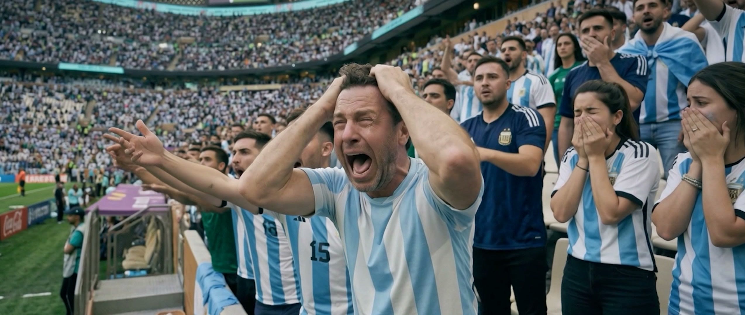 A fan screams in despair inside a packed stadium