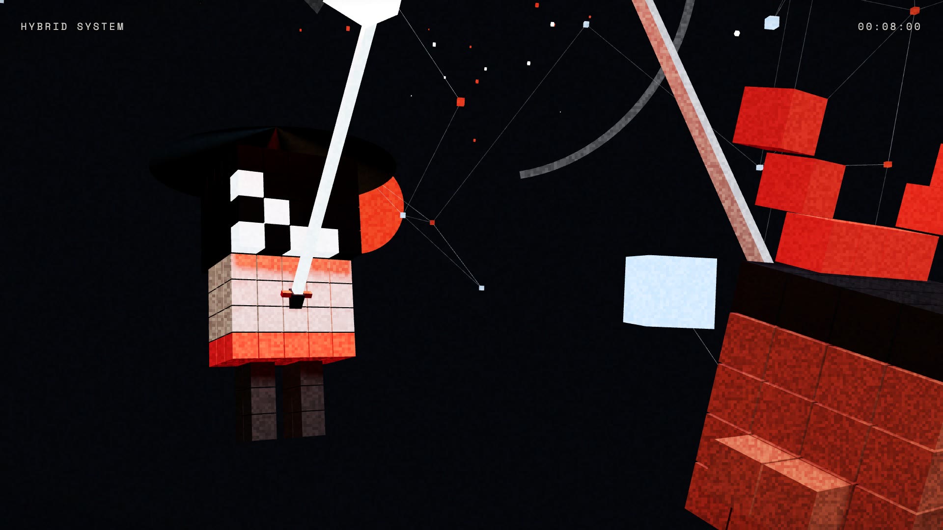 Two voxel swordsmen clash inside a field of floating nodes
