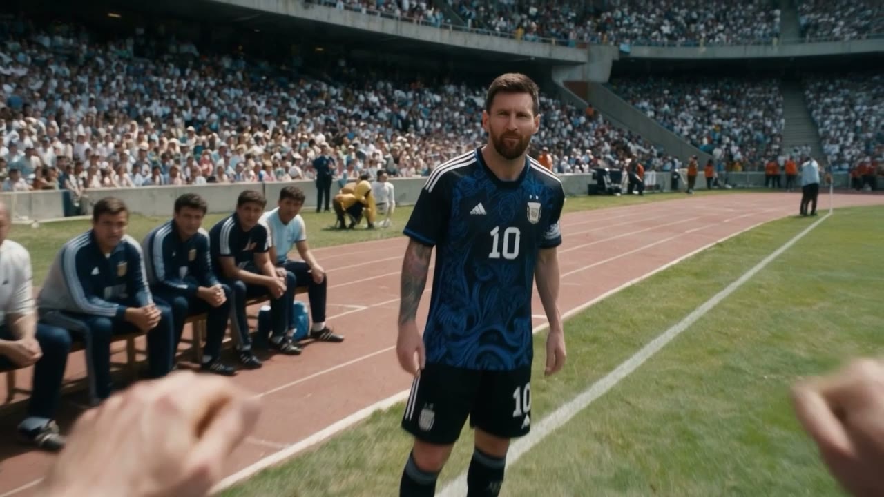 Messi in the number 10 shirt waits on the touchline to come on