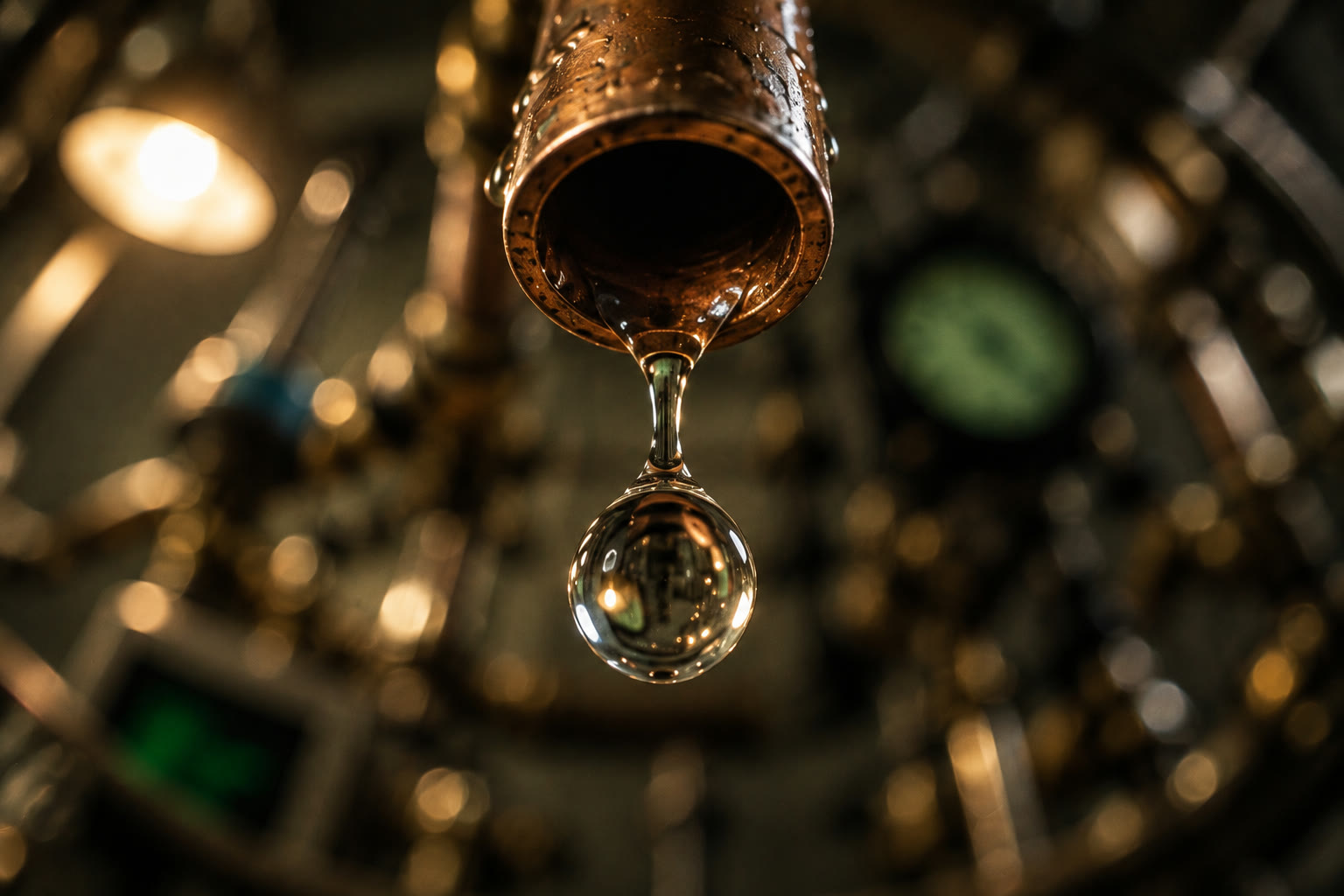 A single drop of water falls from a copper nozzle inside the machine