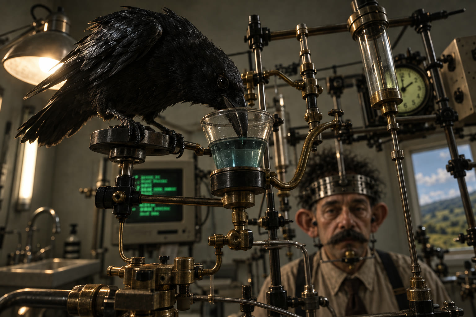 A black crow perched on the machine above the man