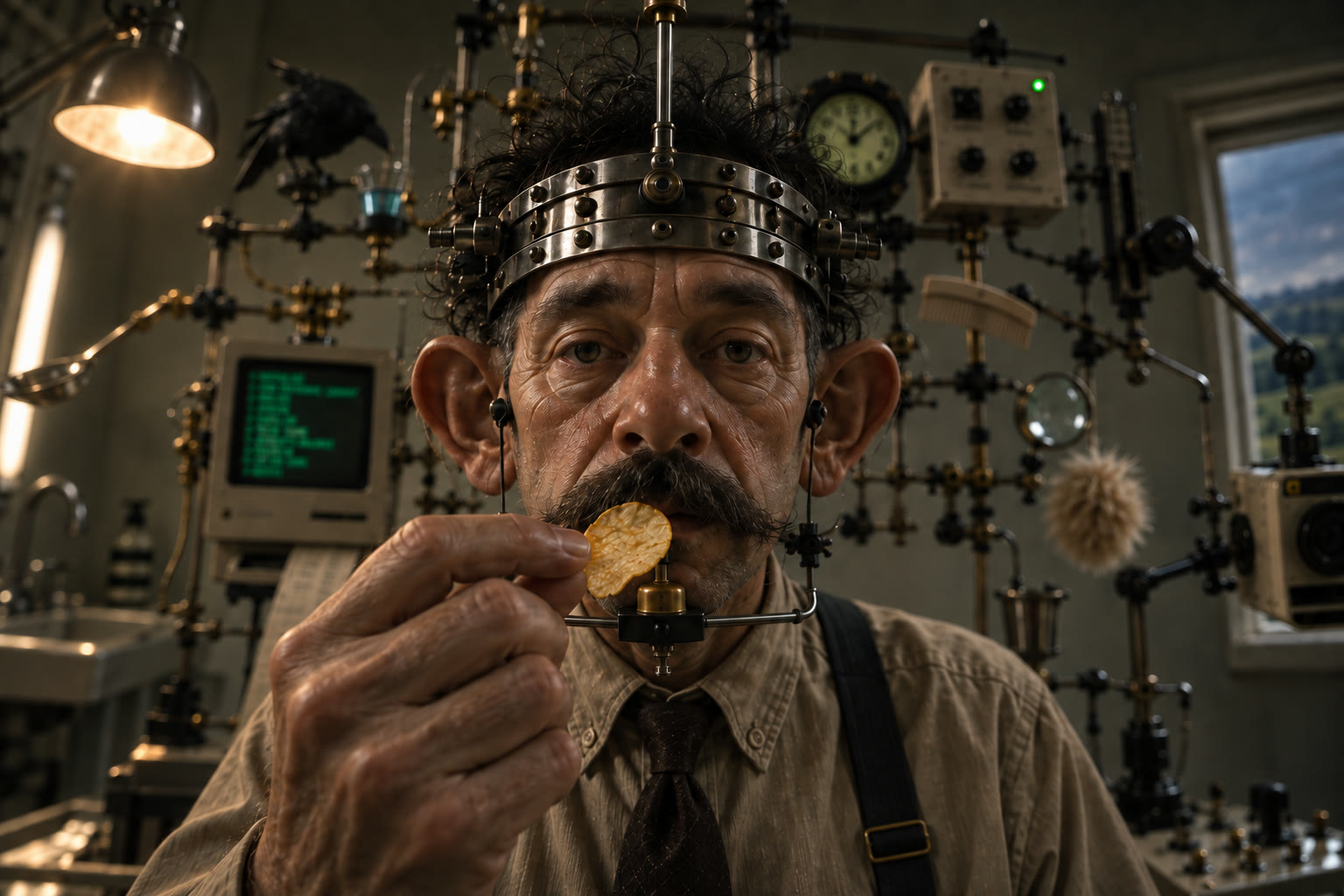 The man eats a potato chip through the machine's mouthpiece