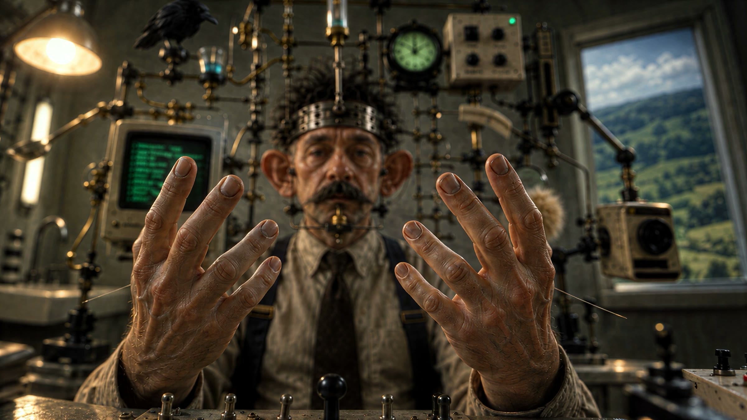 A man wired into a brass Rube Goldberg machine raises both hands toward camera