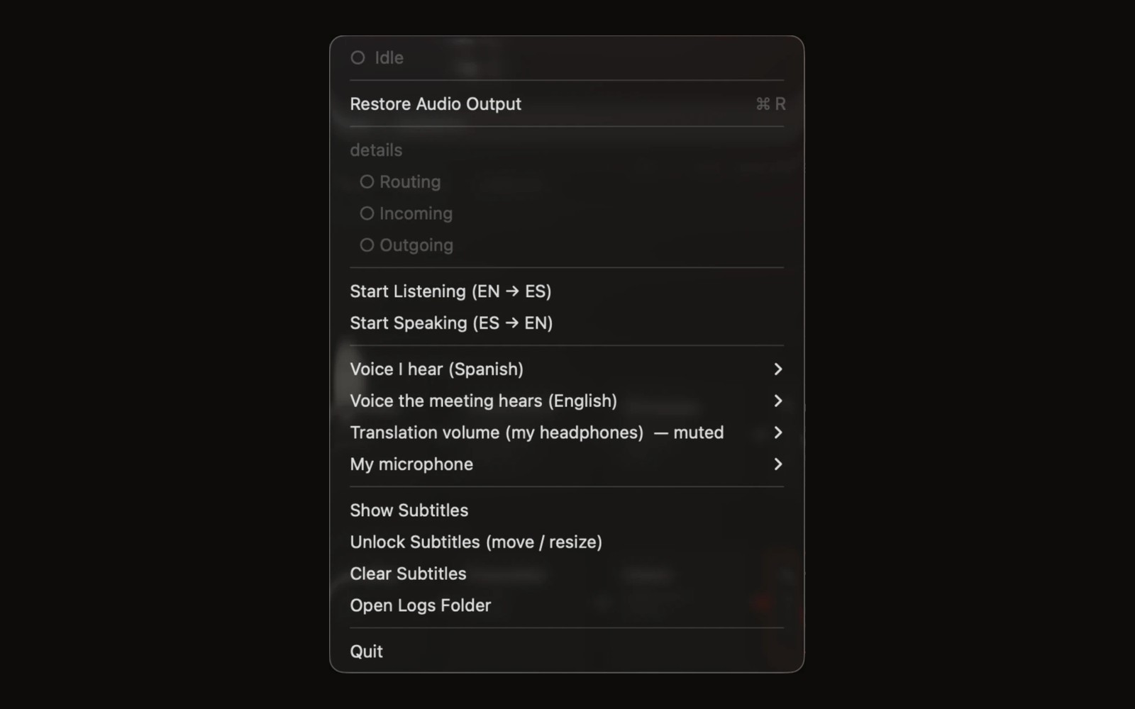 The menu bar app: start each direction, pick voices and microphone, control the subtitle HUD