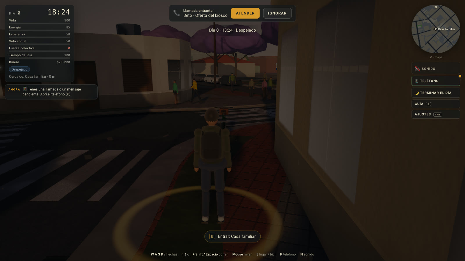 3D pilot: a Buenos Aires street at dusk, with the full game HUD