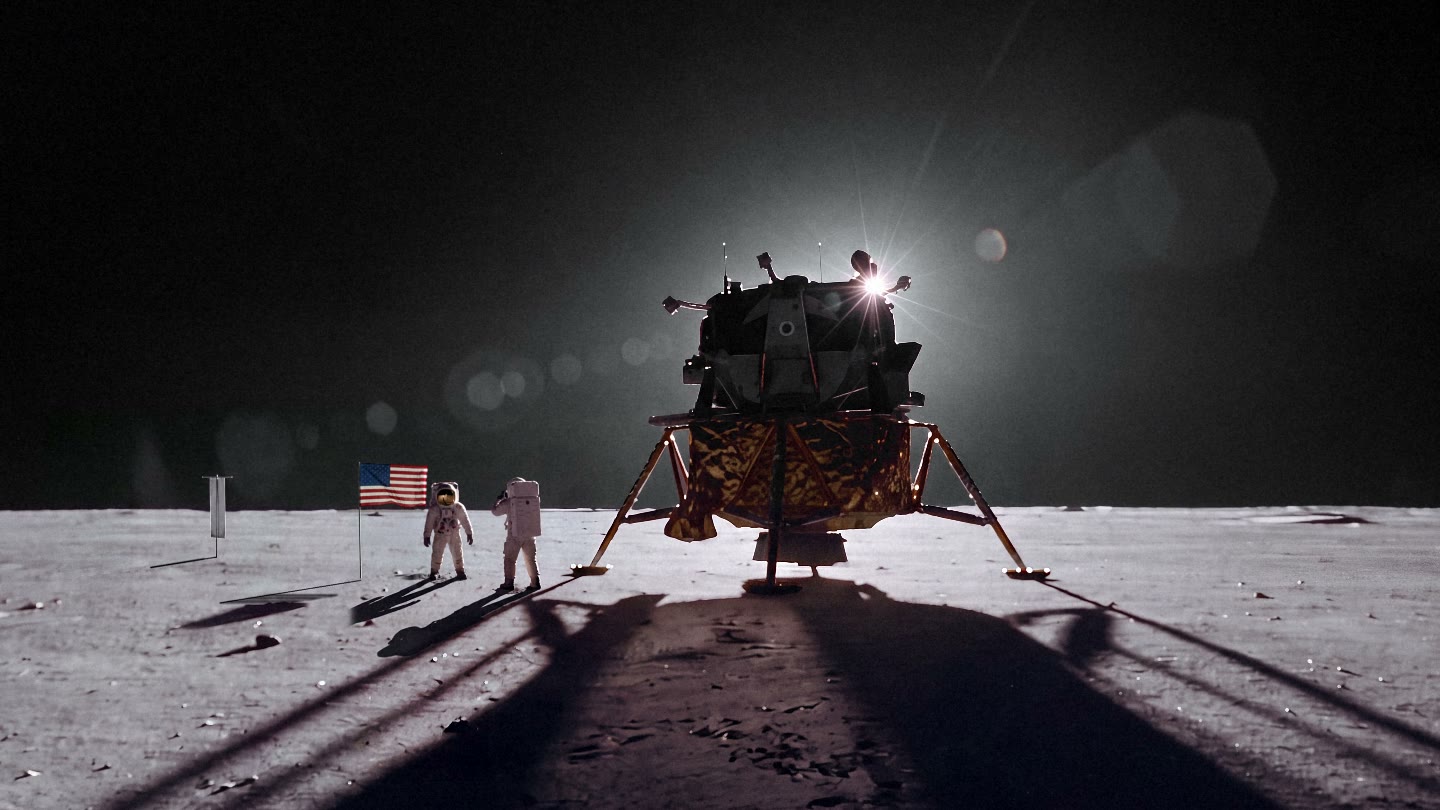 The Lunar Module in backlight, long shadows across the regolith